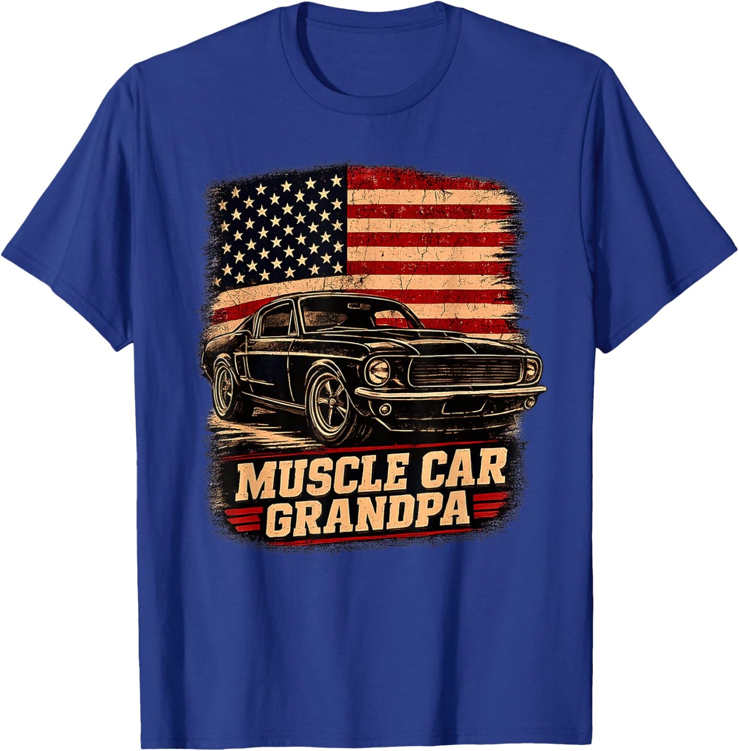 Muscle Car Grandpa Classic Car Vintage USA Flag Patriotic T-Shirt - T-Shirt | Royal