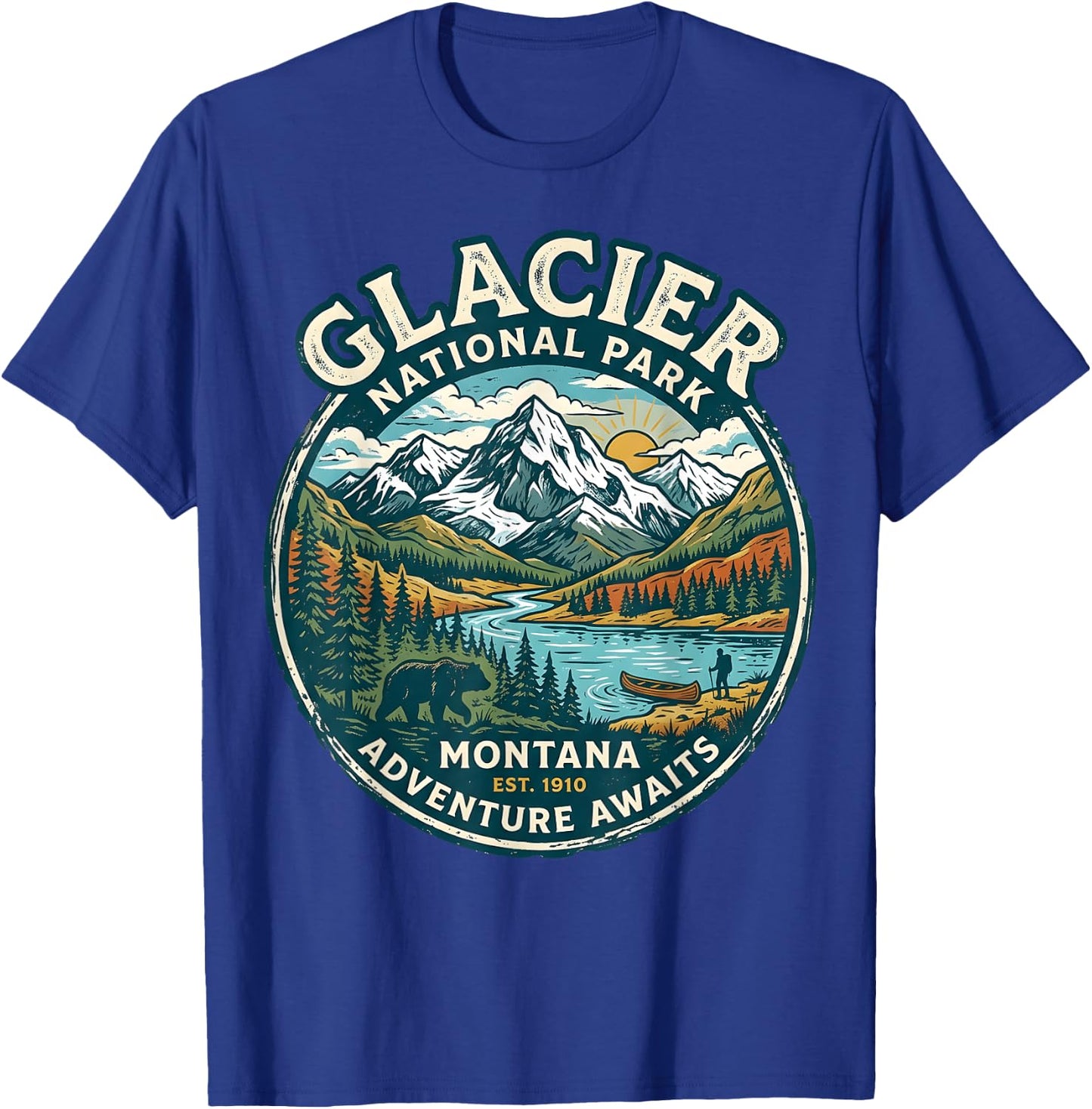 Glacier National Park Montana Retro Nature Adventure Badge T-Shirt - T-Shirt | Royal
