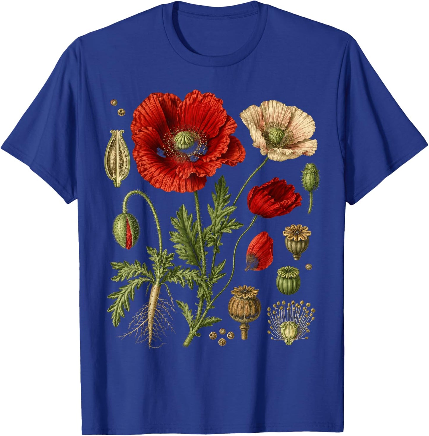 Vintage Botanical Red Poppy Flower Study T-Shirt - T-Shirt | Royal