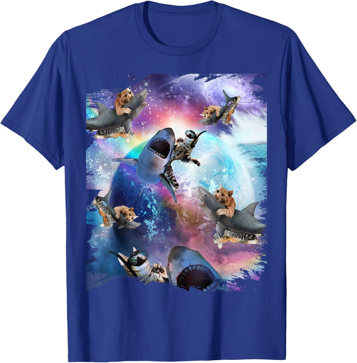 Space Cat Riding Shark Galaxy Rainbow Cats on Sharks Women Kids T-Shirt - T-Shirt | Royal