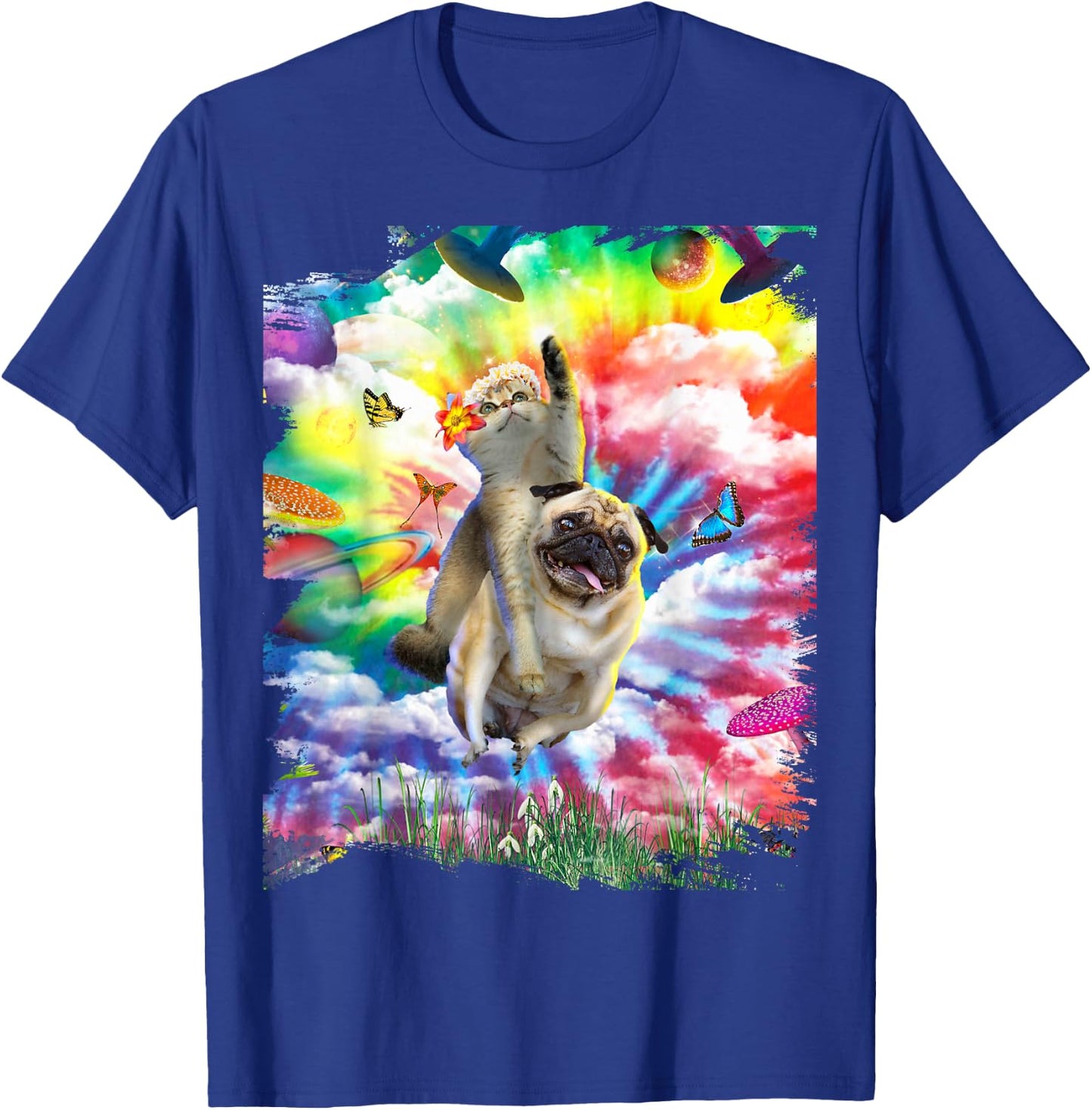 Cat Riding Pug Dog Trippy Tie Dye Men Women Girls Kids T-Shirt - T-Shirt | Royal