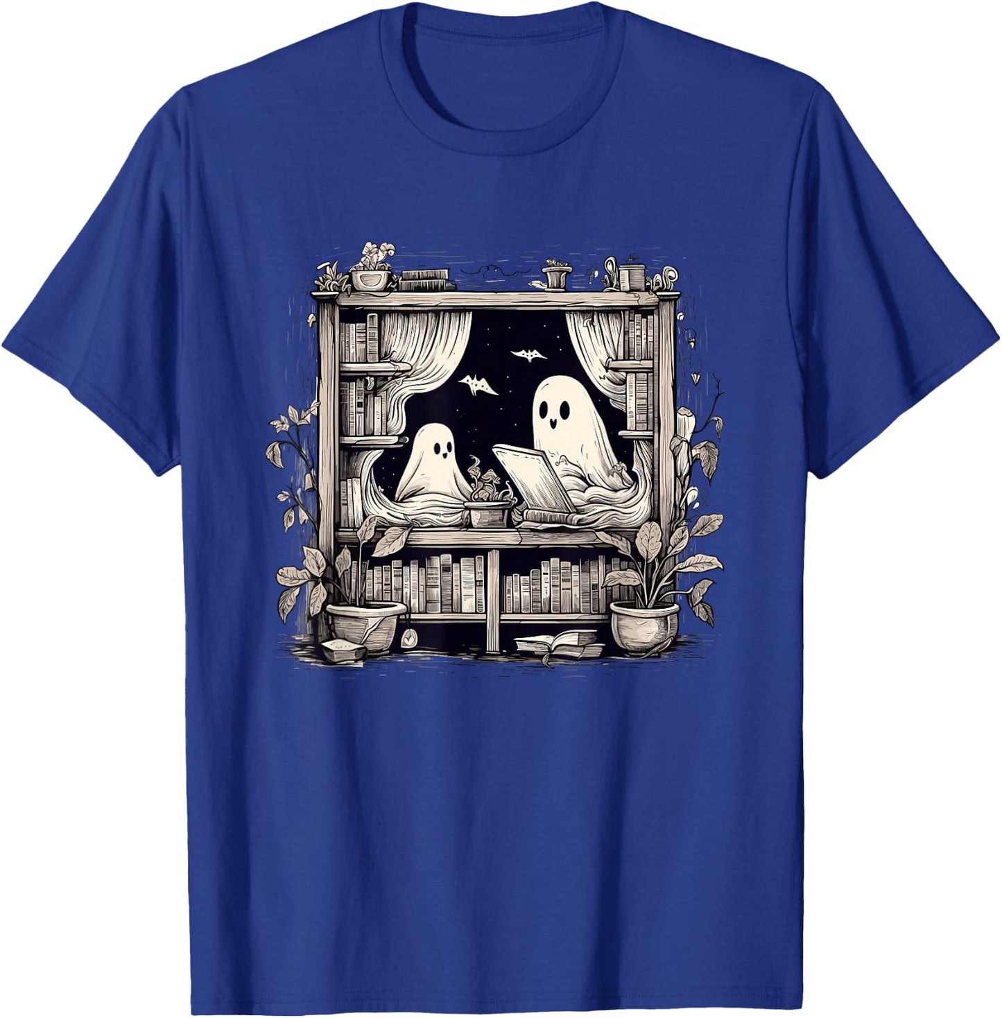 Spooky Ghosts Reading Books Library Bookworm Retro Bookish T-Shirt - T-Shirt | Royal