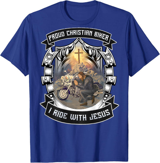 Christian Biker I Ride With Jesus Artwork Motorcycle Prayer T-Shirt - T-Shirt | Royal