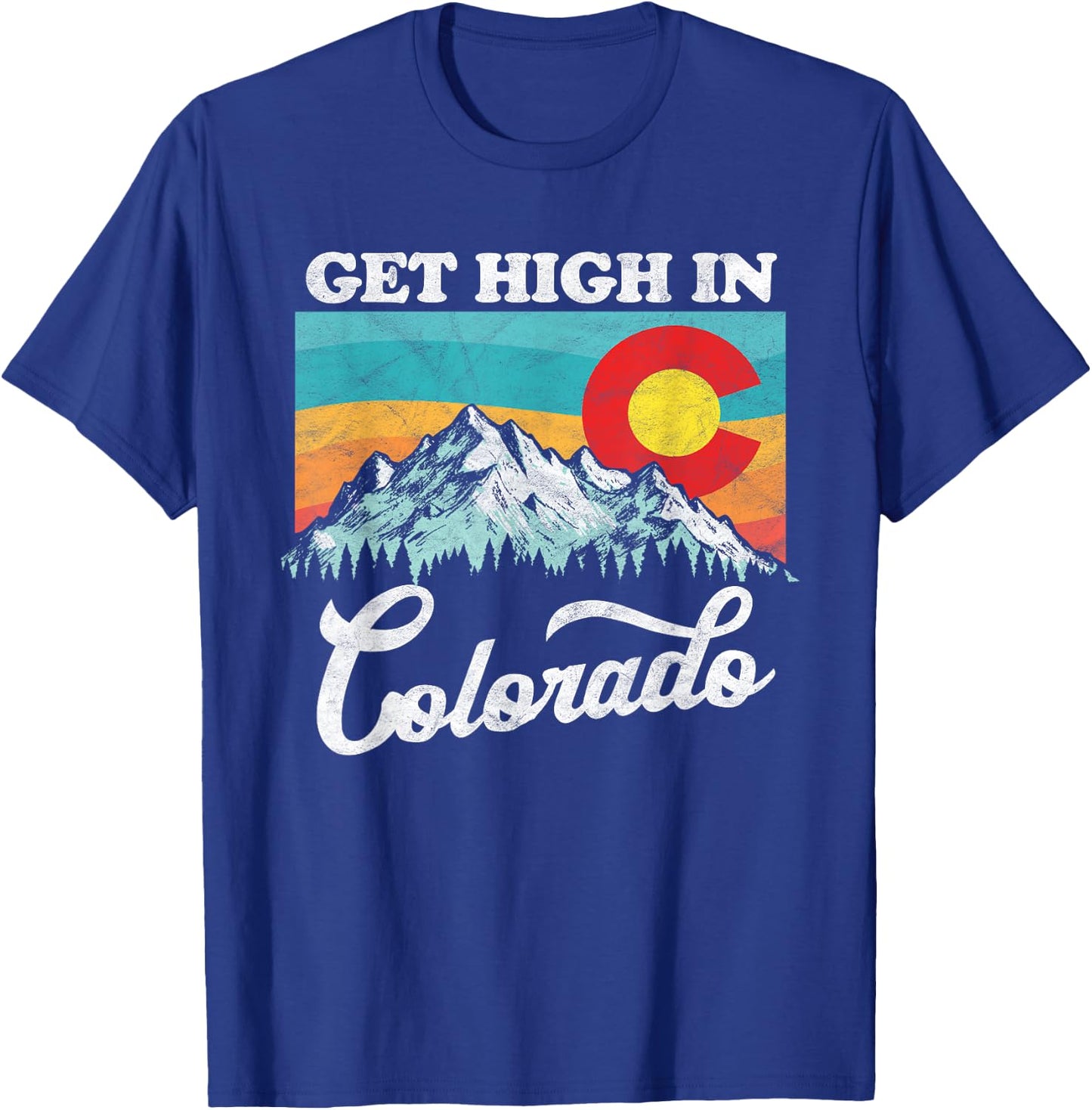 Get High in Colorado Retro State Flag Mountains Graphic T-Shirt - T-Shirt | Royal