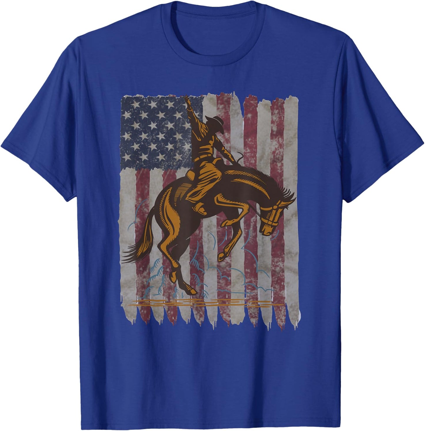 Patriotic Rodeo Bronc Rider American Flag Cowboys Riding T-Shirt - T-Shirt | Royal