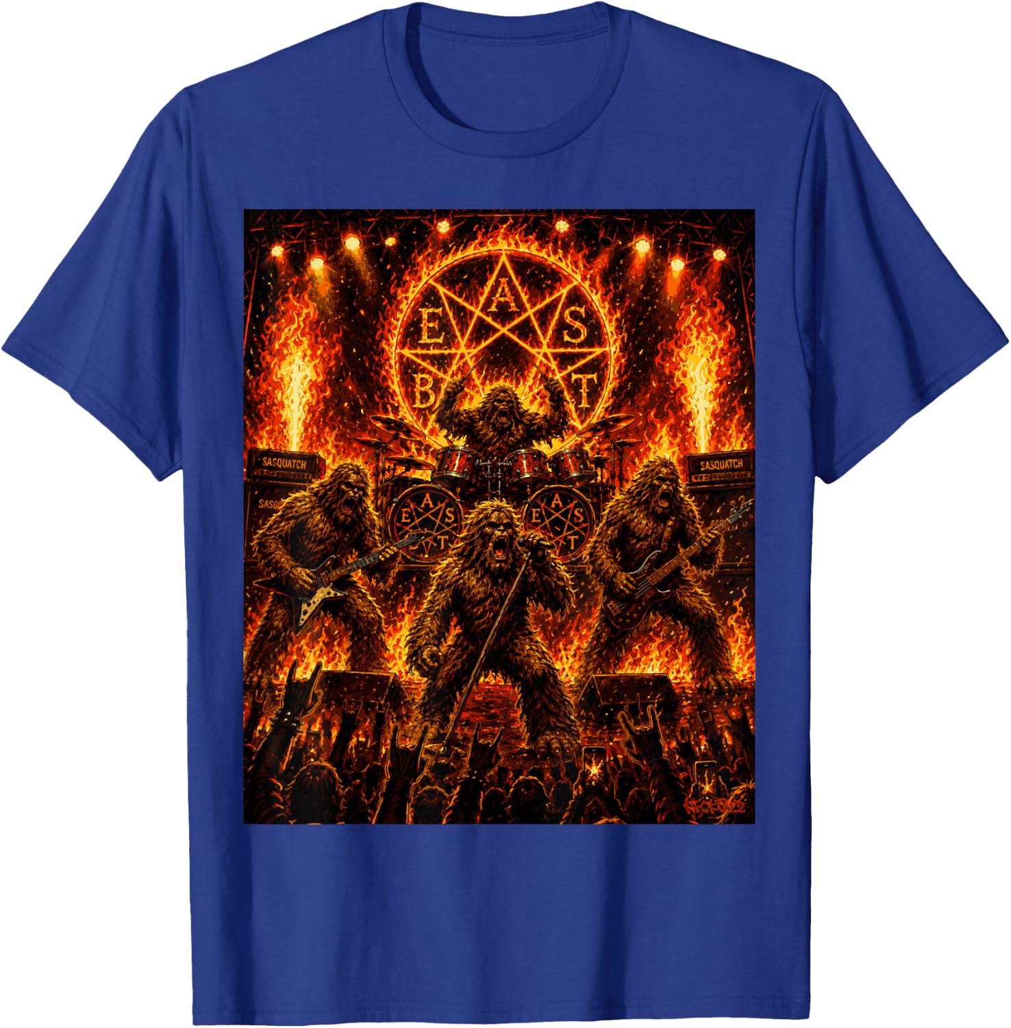 Bigfoot Heavy Metalband Beast - Sasquatch Rock Concert Comic T-Shirt - T-Shirt | Royal