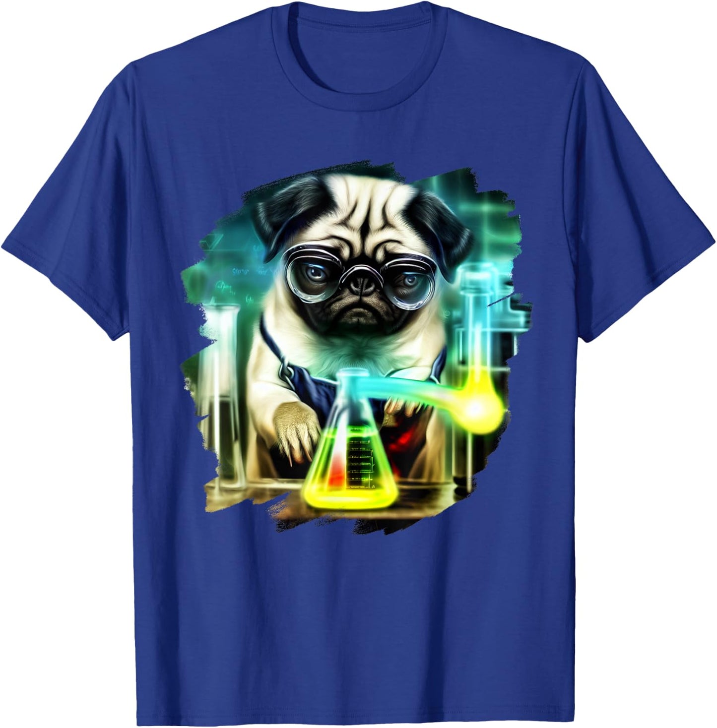 Pug Mad Scientist Dog Mixing Chemicals Chemistry Science T-Shirt - T-Shirt | Royal