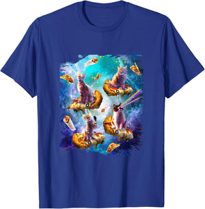 Space cats with rainbow laser eyes riding pizza T-Shirt - T-Shirt | Royal