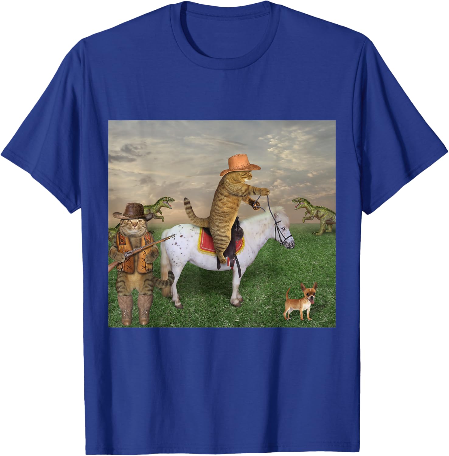 Cat on a Horse in a Cowboy Hat Dinosaurs in Background Funny T-Shirt - T-Shirt | Royal