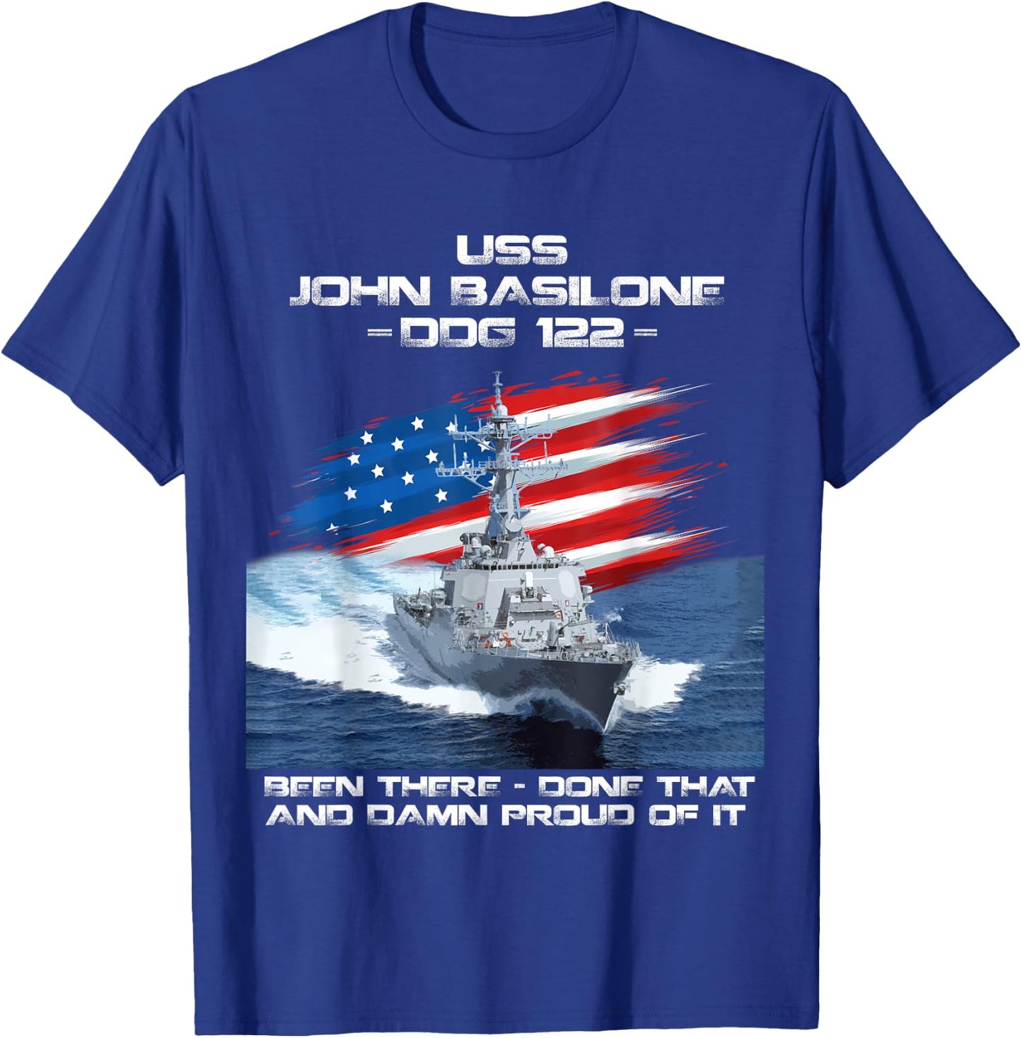 USS John Basilone DDG-122 Destroyer Ship USA Flag Veteran T-Shirt - T-Shirt | Royal