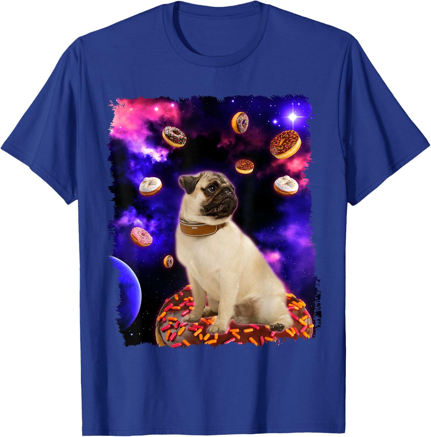 Adorable Pug in Space with Doughnuts - Pug Dog Gift Men Women Girls Kids T-Shirt - T-Shirt | Royal