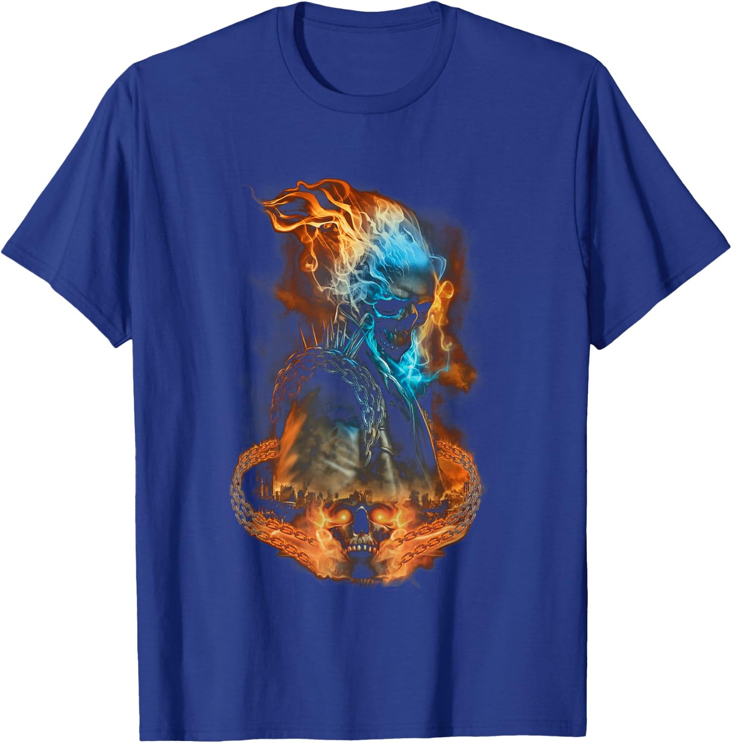 Marvel Ghost Rider Flaming Chains City Portrait Small T-Shirt - T-Shirt | Royal