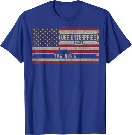 USS Enterprise CV-6 WW2 Aircraft Carrier USA American Flag T-Shirt - T-Shirt | Royal