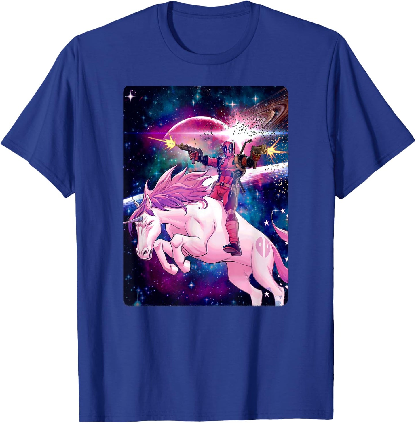 Marvel Deadpool in Space Unicorn Saddles Ablaze T-Shirt - T-Shirt | Royal
