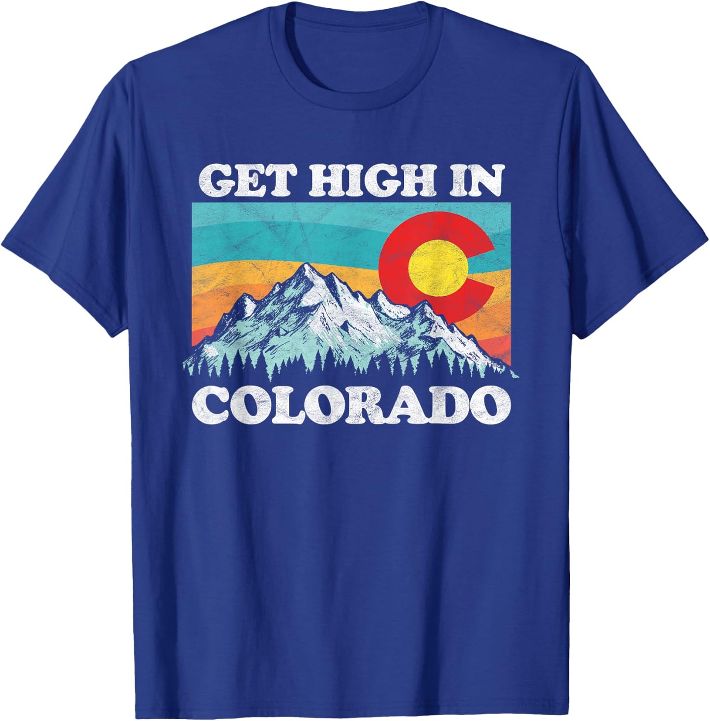 Get High in Colorado Retro State Flag Mountains Graphic T-Shirt - T-Shirt | Royal