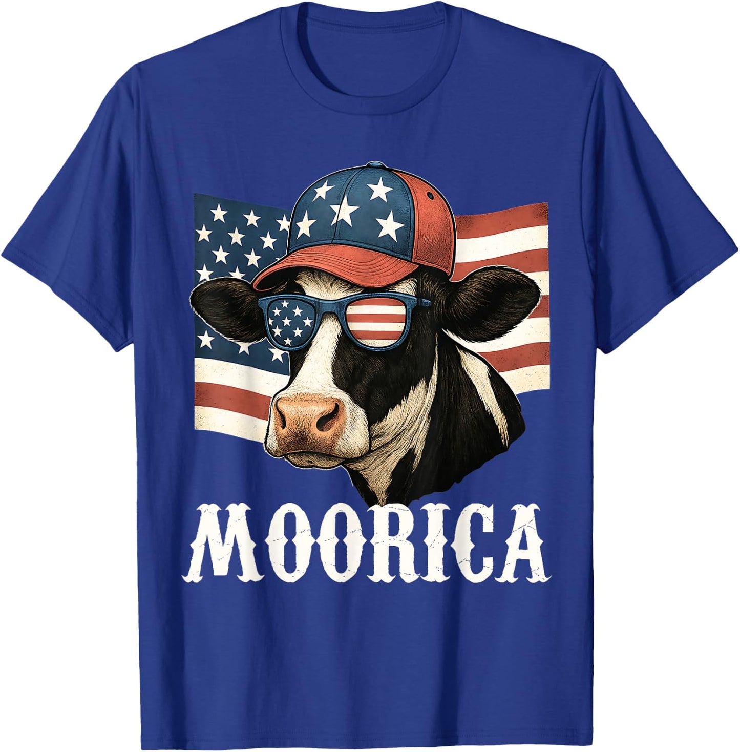 Funny Moorica 4th Of July Patriotic Cow USA Flag Farmer T-Shirt - T-Shirt | Royal