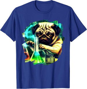 Pug Mad Scientist Dog Mixing Chemicals Chemistry Science T-Shirt - T-Shirt | Royal