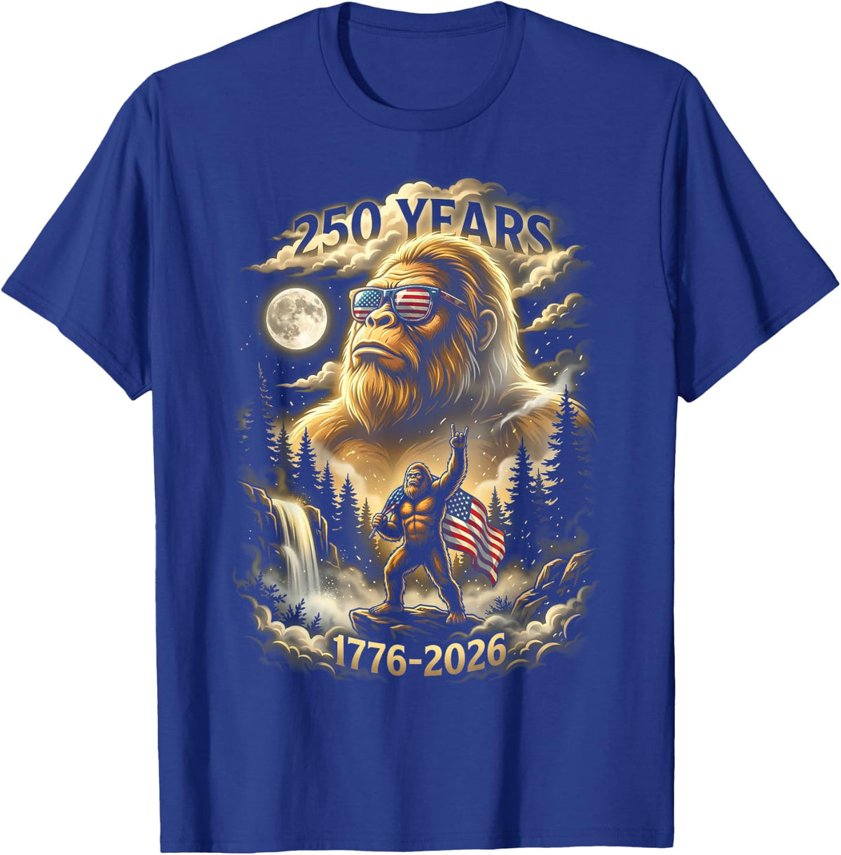 250 Years Bigfoot Howling Moon American Flag T-Shirt - T-Shirt | Royal