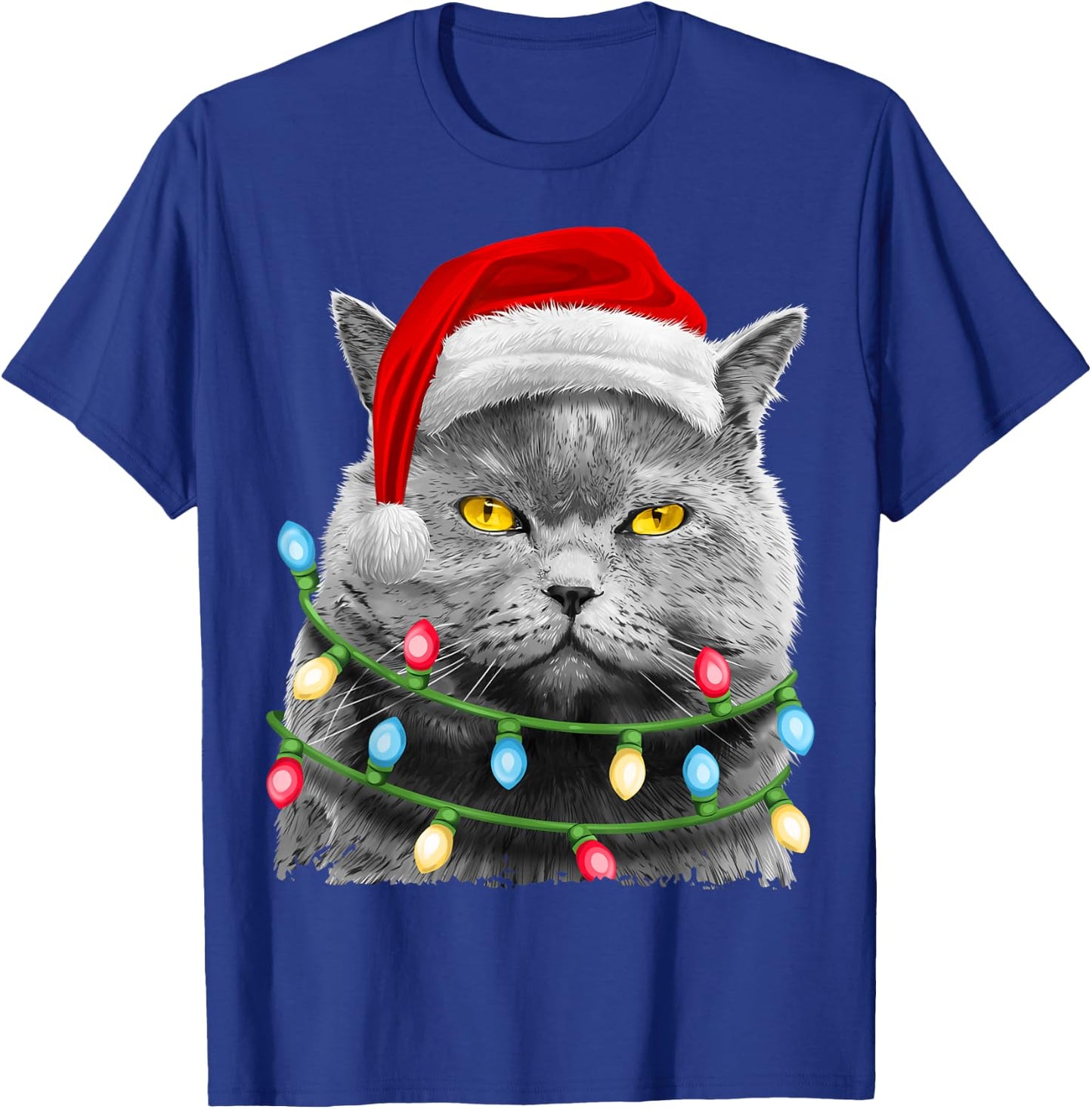 Cat Santa Christmas Tree Lights Xmas Girls Boys Meowy Catmas T-Shirt - T-Shirt | Royal