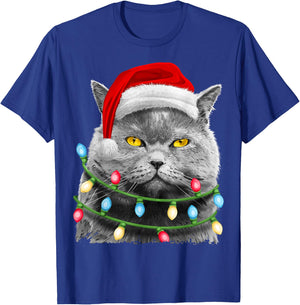 Cat Santa Christmas Tree Lights Xmas Girls Boys Meowy Catmas T-Shirt - T-Shirt | Royal