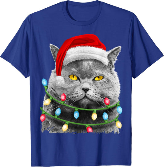 Cat Santa Christmas Tree Lights Xmas Girls Boys Meowy Catmas T-Shirt - T-Shirt | Royal