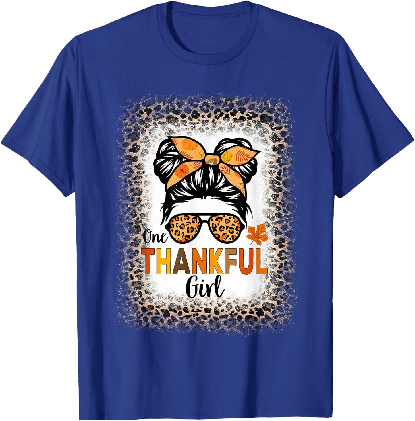 One Thankful Girl Thanksgiving Messy Bun Leopard Bleached T-Shirt - T-Shirt | Royal