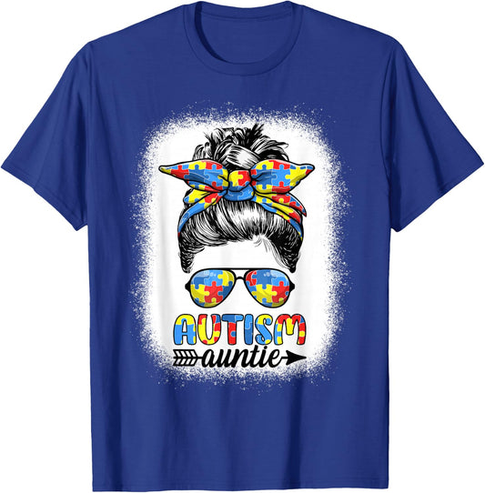 Autism Auntie Life - Messy Bun Autism Aunt Autism Awareness T-Shirt - T-Shirt | Royal