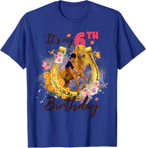 Kids Six Year Old 6th Birthday Girl Who Loves Horses Riding T-Shirt - T-Shirt | Royal