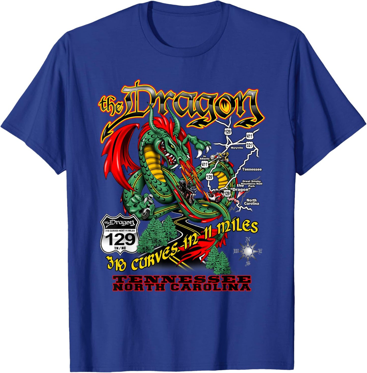The Dragon 129 TN and NC USA 318 Curves 11 Miles T-Shirt - T-Shirt | Royal