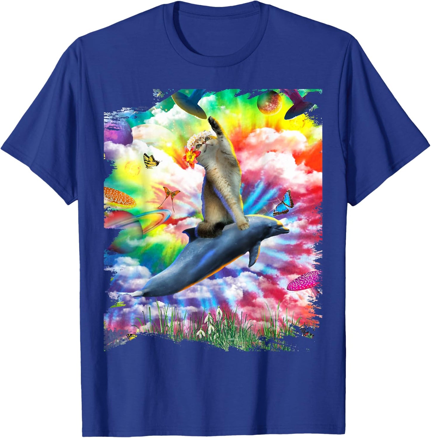 Cat Riding Dolphin Trippy Tie Dye T-Shirt - T-Shirt | Royal