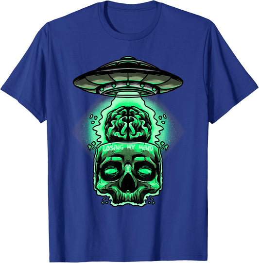 Losing My Mind Brain Skull UFO Alien Space Craft Abduction T-Shirt - T-Shirt | Royal