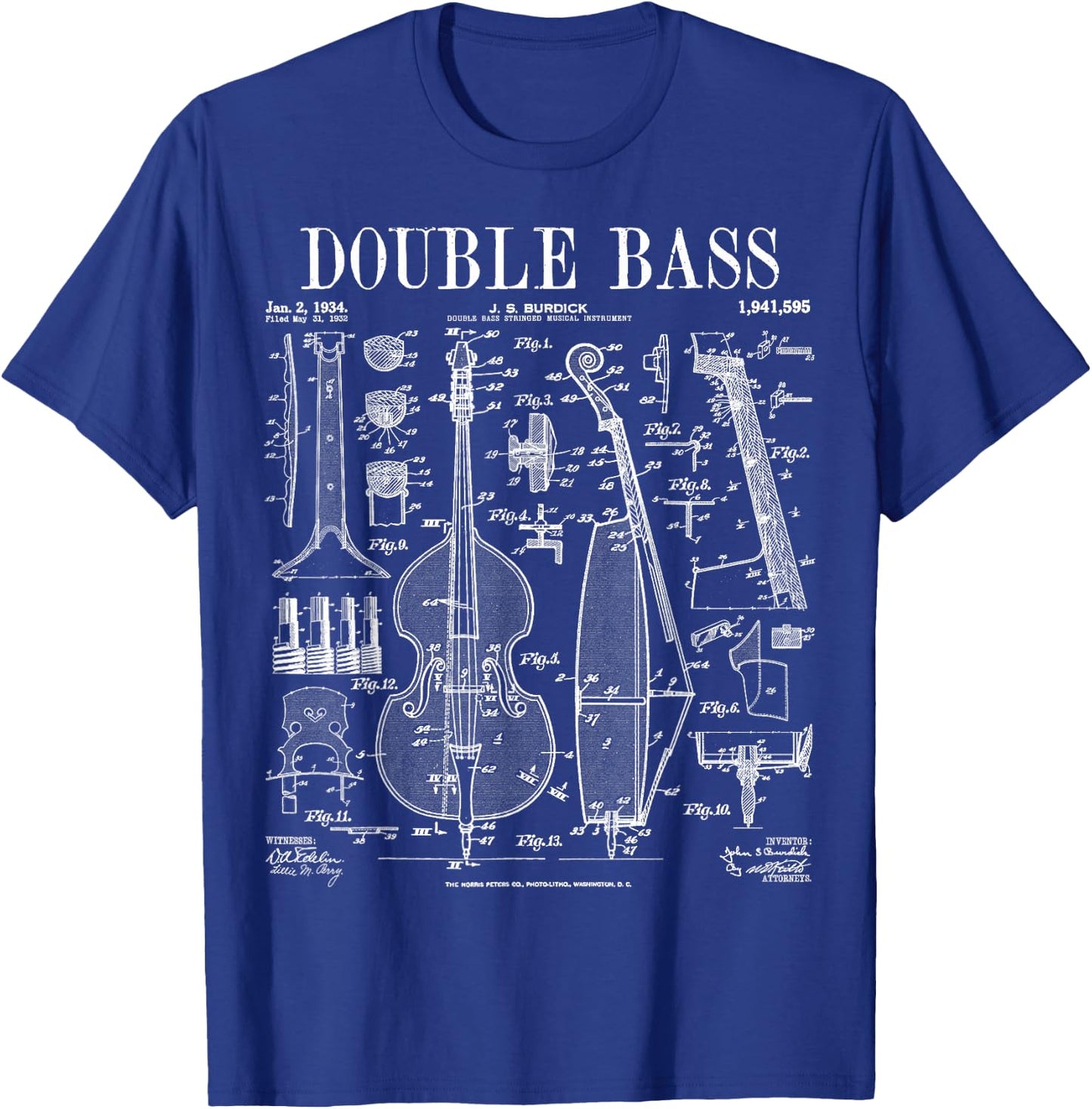 Double Bass Player Bassist Musical Instrument Vintage Patent T-Shirt - T-Shirt | Royal