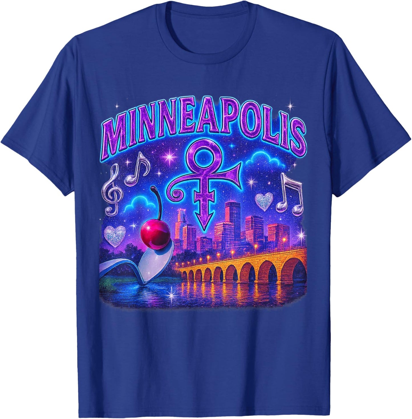 Minneapolis Retro Bootleg Skyline Spoonbridge Artwork T-Shirt - T-Shirt | Royal