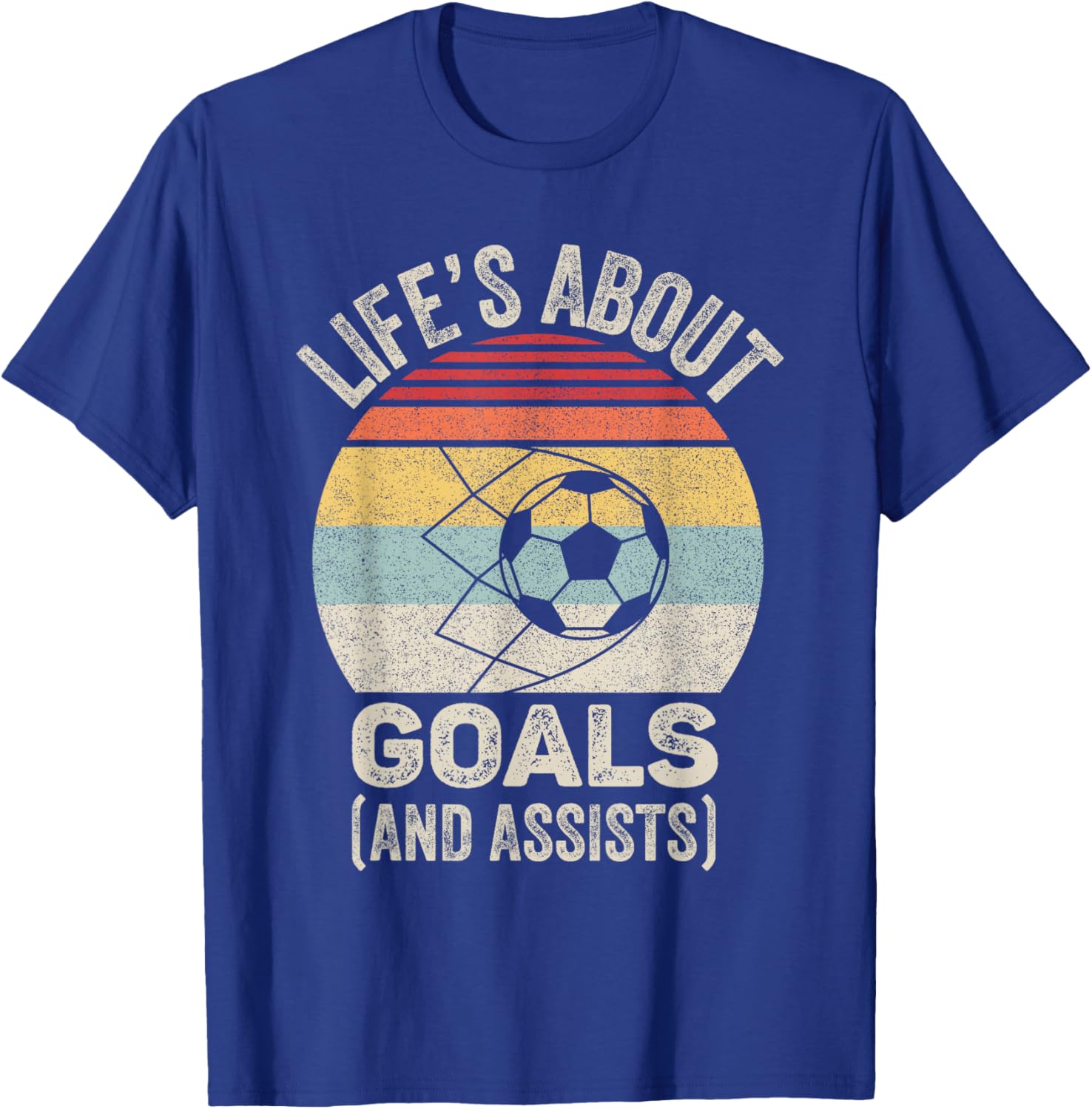 Vintage Retro Life's About Goals and Assists Funny Soccer T-Shirt - T-Shirt | Royal
