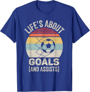 Vintage Retro Life's About Goals and Assists Funny Soccer T-Shirt - T-Shirt | Royal