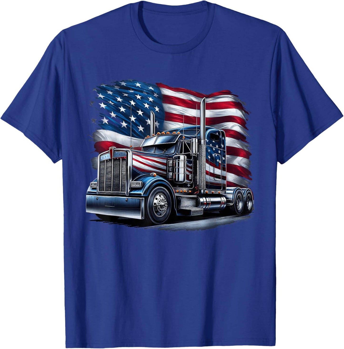 Semi Truck Driver US Trucker USA Flag Patriotic 4th of July T-Shirt - T-Shirt | Royal