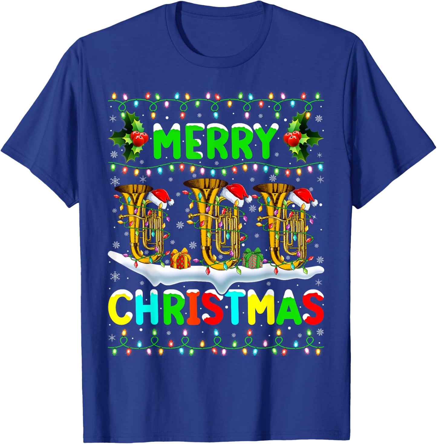 Xmas Tuba Lighting Santa Hat Merry Christmas Tuba T-Shirt - T-Shirt | Royal