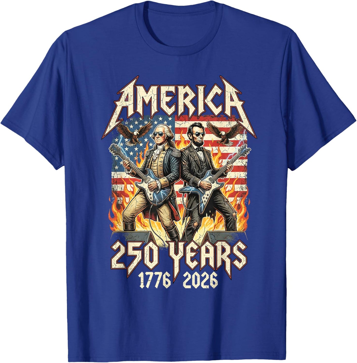 George Washington Abe Lincoln Playing Guitar USA 250 Vintage T-Shirt - T-Shirt | Royal