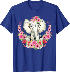 Little Elephant Cute Floral Animal Lovers Kids Girls Boys T-Shirt - T-Shirt | Royal