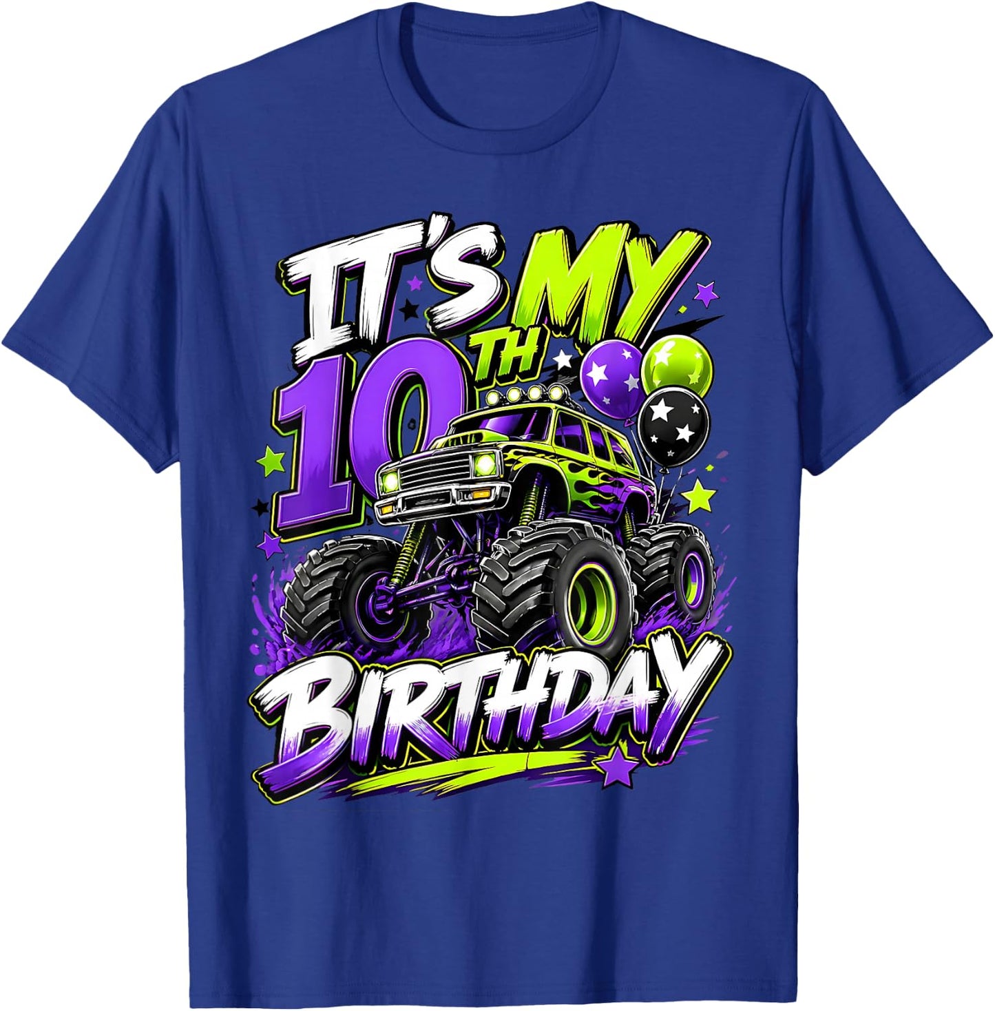 10th Birthday Monster Truck Party 10 Years Old Boys Theme T-Shirt - T-Shirt | Royal