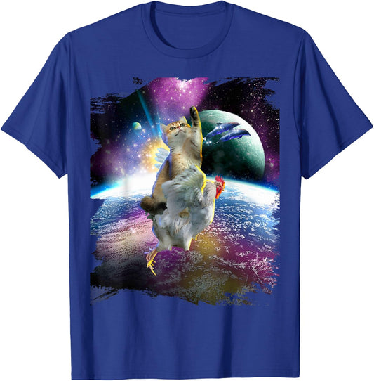 Cat Riding Chicken Space Galaxy Earth T-Shirt - T-Shirt | Royal