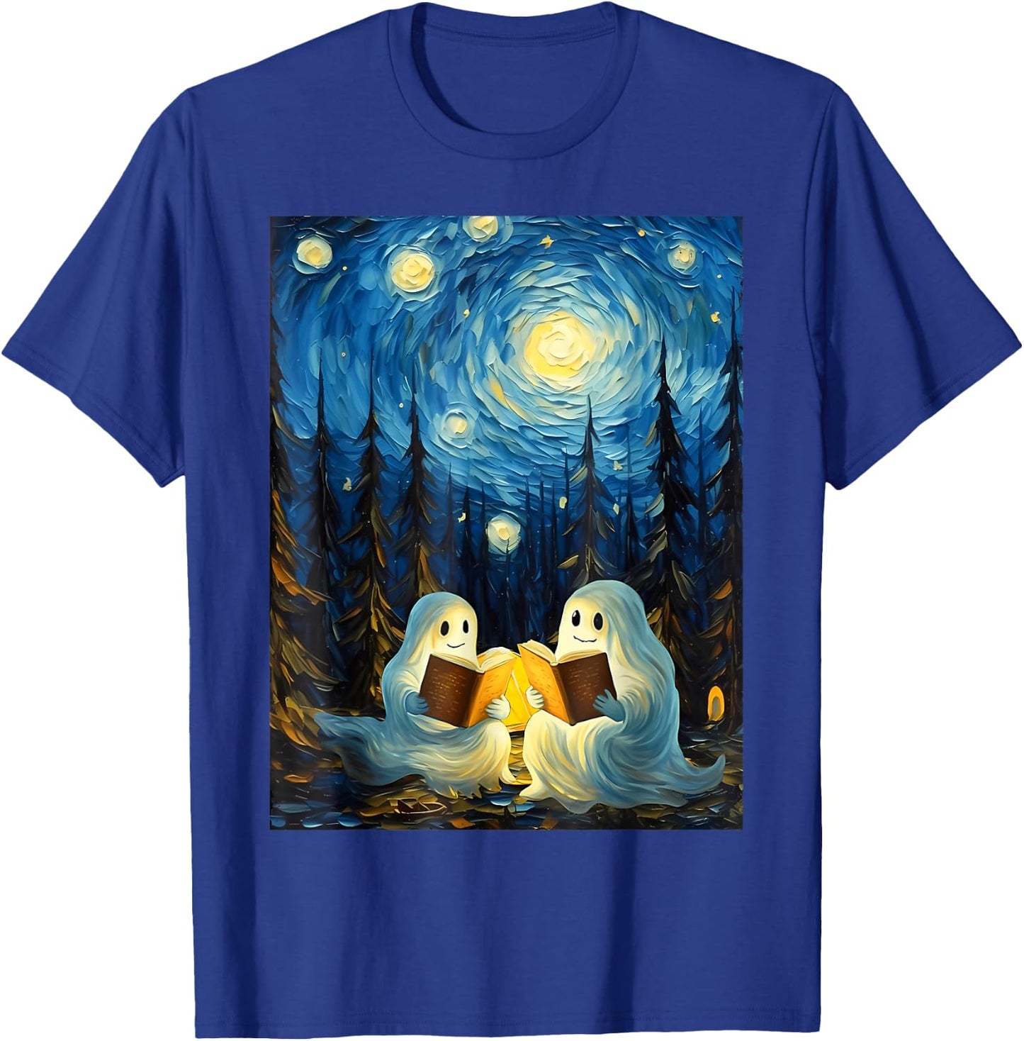 Van Gogh Starry Night Ghost Book Reading Camping Halloween T-Shirt - T-Shirt | Royal