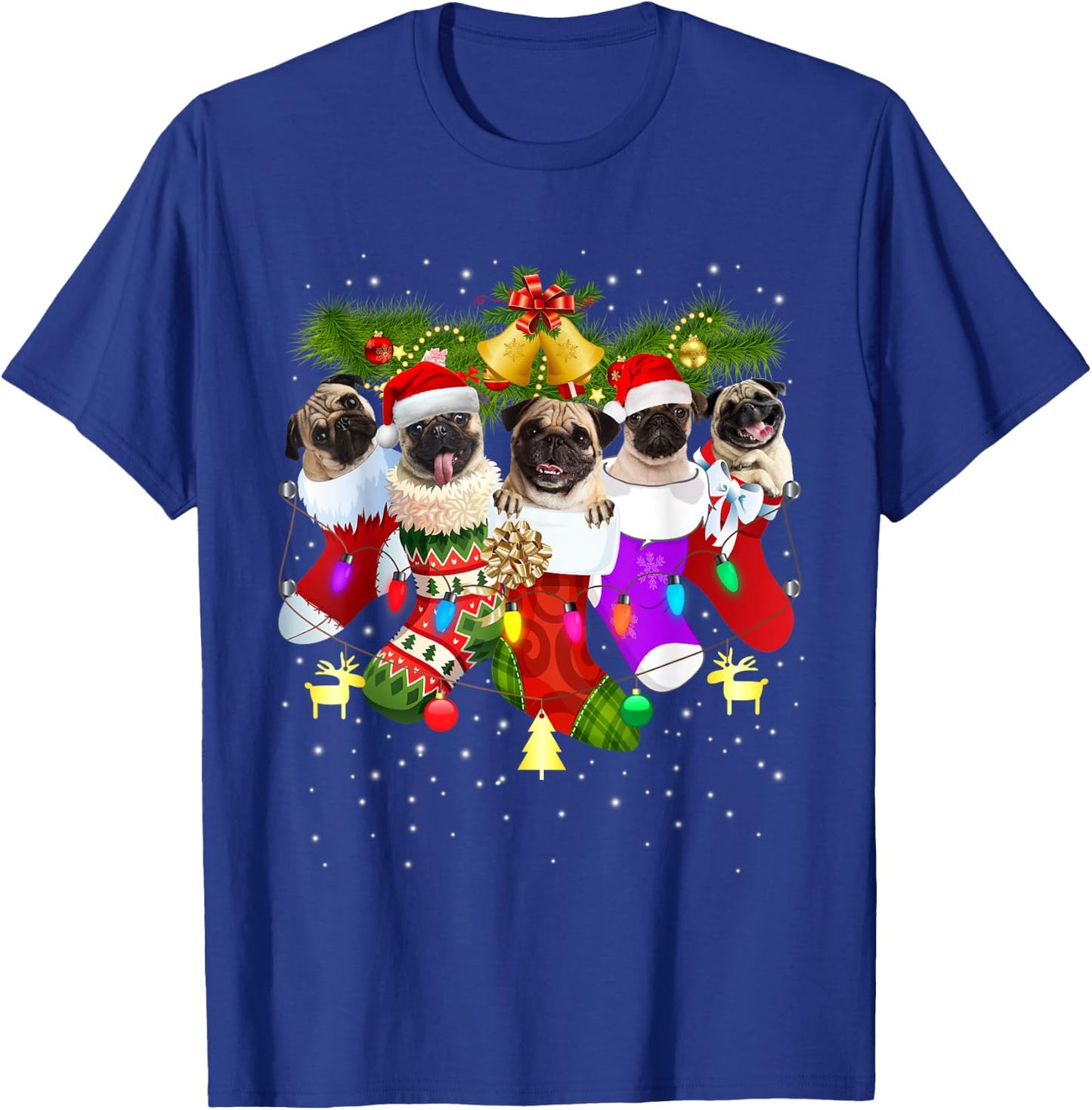 Santa Pugs in Christmas Socks Funny Xmas Dog Lover Pug Mom T-Shirt - T-Shirt | Royal