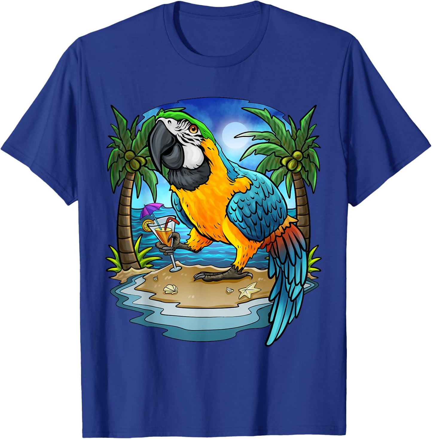 Blue and Gold Macaw Parrot Drinking Margaritas Vacation Bird T-Shirt - T-Shirt | Royal