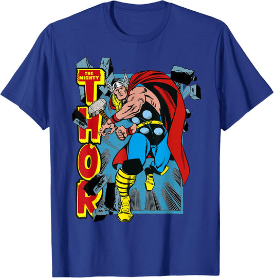 Marvel Classic The Mighty Thor Break Through Poster Style T-Shirt - T-Shirt | Royal