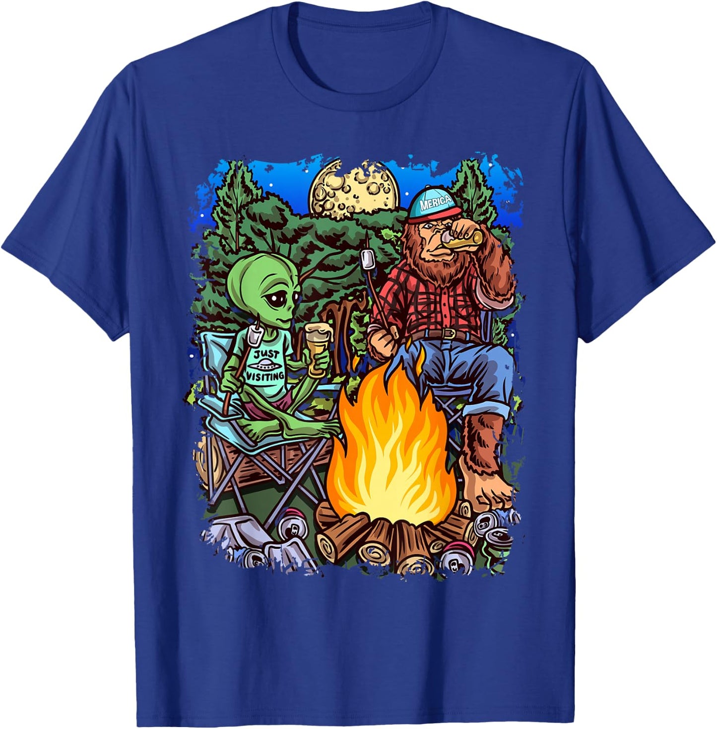 Funny Alien Camping Bigfoot Sasquatch Lumberjack Black Cotton Polyester , Men's Small, Short Sleeve, , Classic Fit, All Seasons, Imported T-Shirt - T-Shirt | Royal