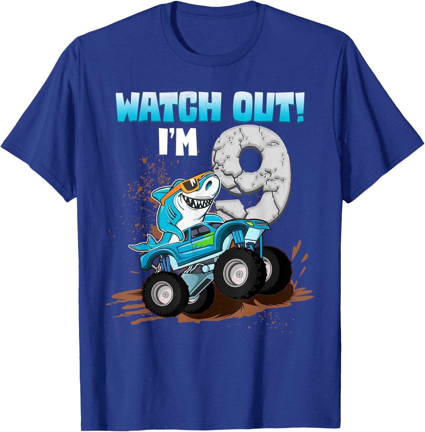 9 Years Old 9th Birthday Shark Boy Girl Monster Truck Gamer T-Shirt - T-Shirt | Royal