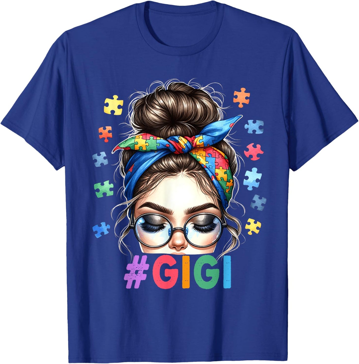 Gigi Autism Awareness Messy Bun Grandmother Granny Nana Mimi T-Shirt - T-Shirt | Royal