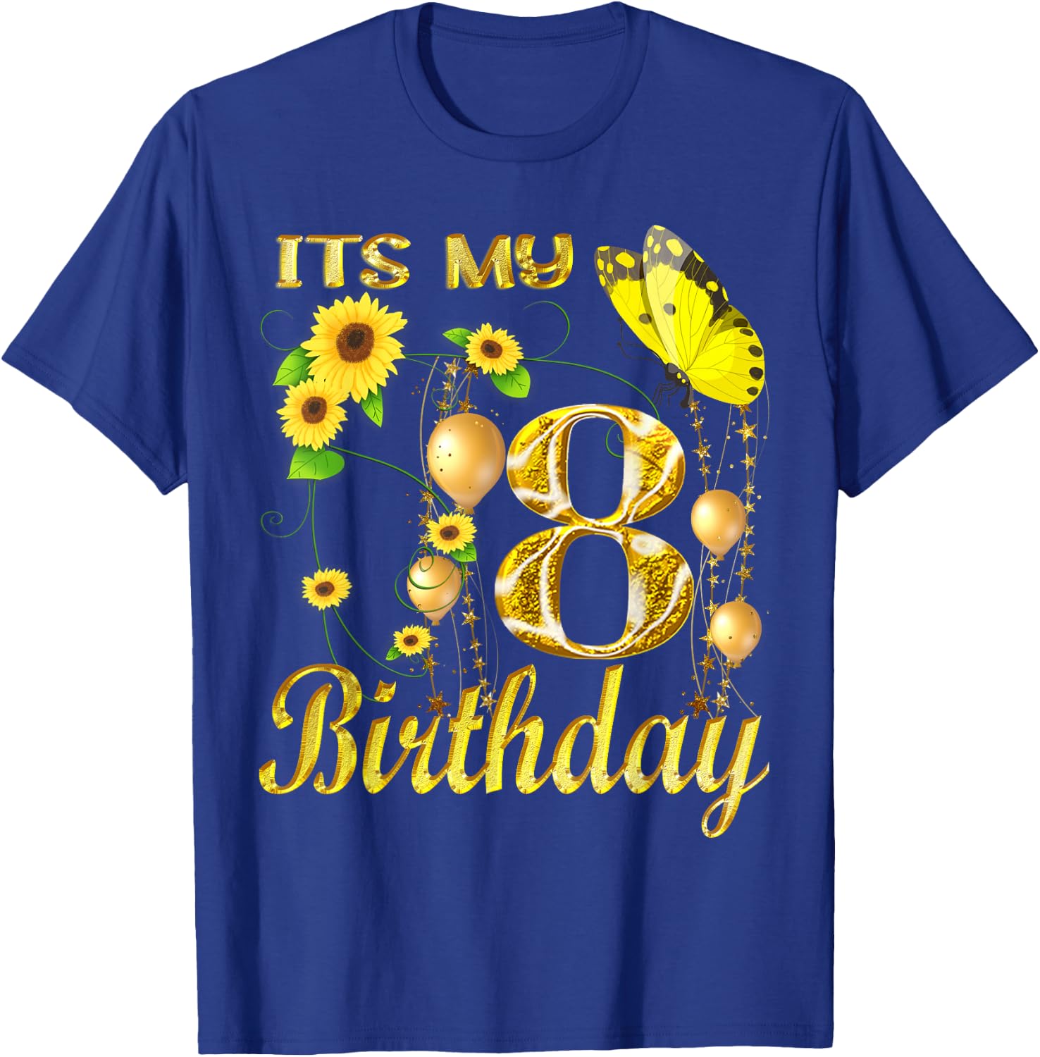 Its My 8th Birthday 8 Year Old Girl Sunflower Butterfly T-Shirt - T-Shirt | Royal