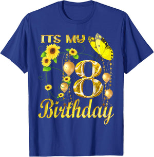 Its My 8th Birthday 8 Year Old Girl Sunflower Butterfly T-Shirt - T-Shirt | Royal